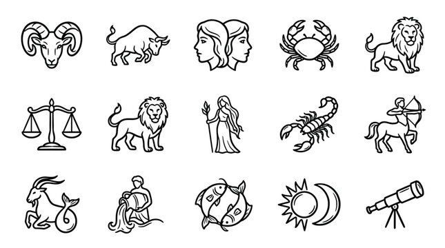 Zodiac signs in line art style.