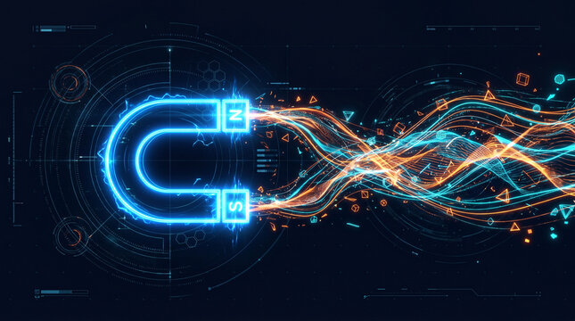 Electricity flows through glowing blue and orange circuits and magnets in a dark technology lab with science and industry elements.