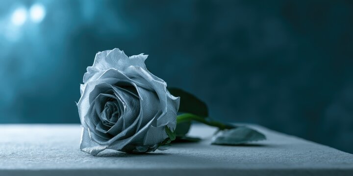 A single, desaturated silver rose rests on a white surface against a dark blue background