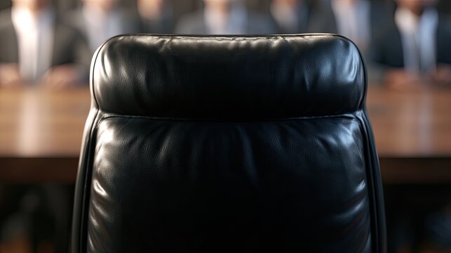 Empty office chair facing blurred figures at a conference table