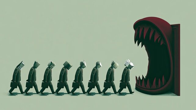 Men in suits with boxes for heads walk towards a monstrous open maw