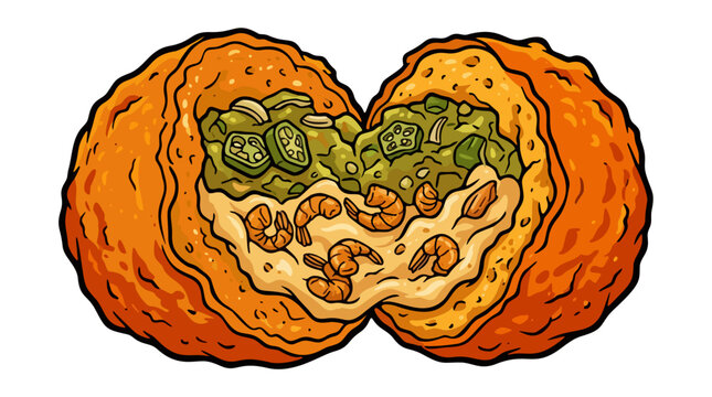 Brazilian acaraje black eyed pea fritter split open filled with vatapa caruru and dried shrimp vector illustration