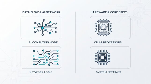 Artificial Intelligence Technology Icon Set &ndash; AI Computing Node, Data Flow Network, CPU Processor, Network Logic, Hardware Specifications, System Settings, Modern Line Vector Illustration