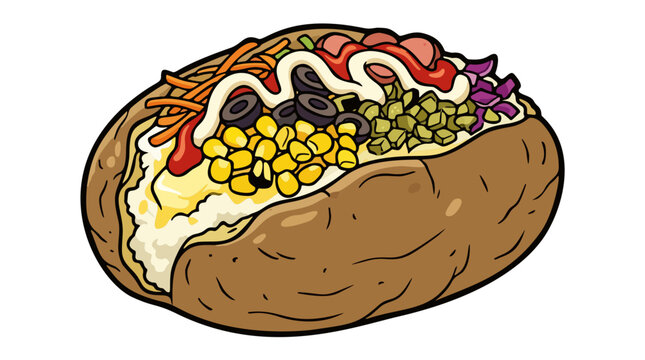 Turkish kumpir stuffed baked potato loaded with cheese corn olives pickles sausage and mayonnaise vector illustration