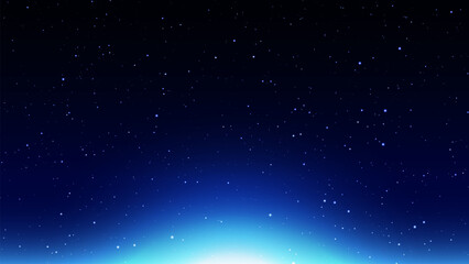 Star filled night sky background with a glowing blue horizon creating a cosmic scene suitable for astronomy, science, technology, wallpapers, presentations, and space themed digital design projects. © King Designz