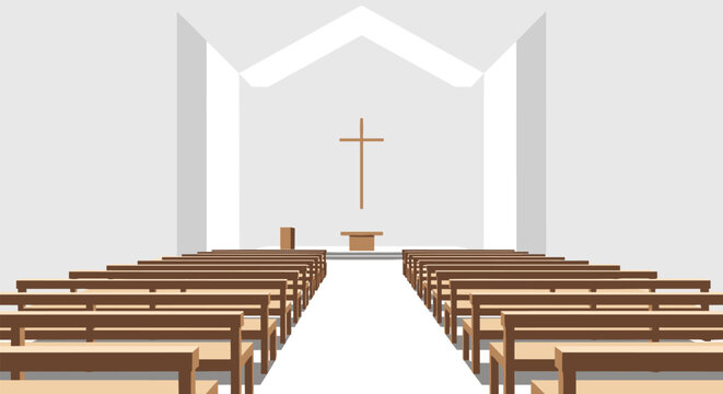 Interior view of empty church hall with wooden pews and altar with cross at front on white background flat vector design.