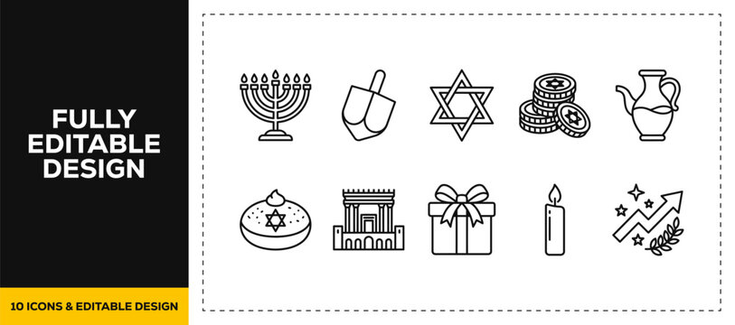 flat vector illustration line art icon bundle set design showcasing jewish holiday celebration hanukkah festival dreidels menorah candles traditional religion symbol UI