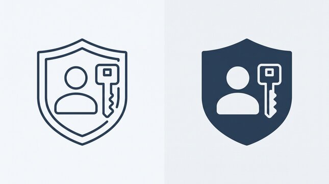 Minimalist security icons set featuring a line art shield and a solid silhouette shield vector both containing a person avatar and a key isolated on a clean white background perfect for user authentic