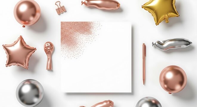 Rose gold and silver balloon party border background with white card mockup
