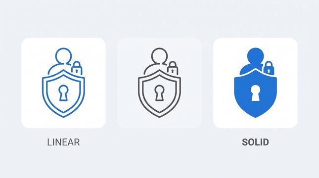 Minimalist security icons set featuring a line art shield and a solid silhouette shield vector both containing a person avatar and a key isolated on a clean white background perfect for user authentic
