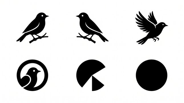 Minimalist black silhouette vector icon set featuring three different birds perched on branches and flying alongside abstract circular geometric shapes isolated on a clean white background perfect for