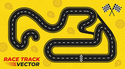 Winding Race Track Vector Map with Checkered Flags and Racing Icons on Yellow Background © Miyar