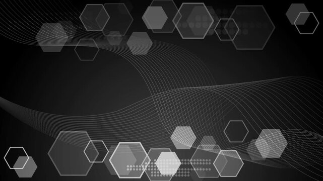 Abstract dark background with glowing turquoise hexagons and flowing wavy lines animation