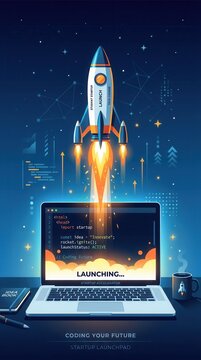Rocket Launching from Laptop Screen Symbolizing Startup Success and Innovation.
