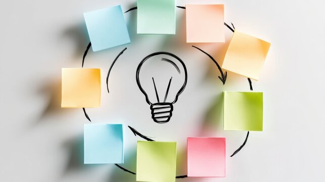 Creative brainstorming concept with colorful blank sticky notes arranged in circle around hand-drawn light bulb and arrows on white background