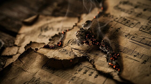 Torn vintage sheet music with ragged edges smolders with tiny glowing orange embers in this incredibly detailed dramatic macro photograph.