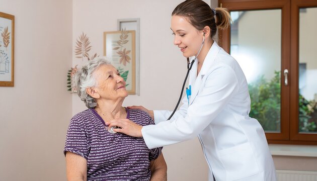 Female Doctor Talking with Senior Patient During Medical Consultation While Nurse Assists in Modern Healthcare Clinic Office