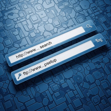 Abstract technology background featuring two digital search bars with http and ftp protocols over futuristic blue geometric circuit pattern.