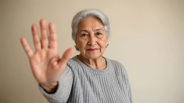 A elderly woman standing with her hand open facing the camera to say no