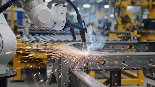 Ultra Realistic Robotic Arm Performing Precision MIG Welding on Automotive Steel Frame in Modern Factory 4K