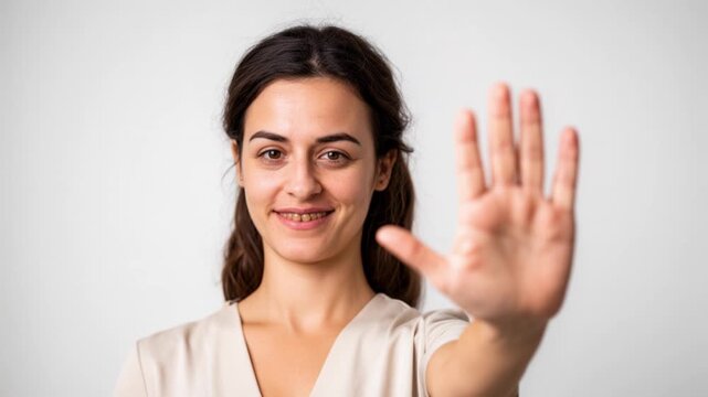 A woman standing with her hand open facing the camera to say no