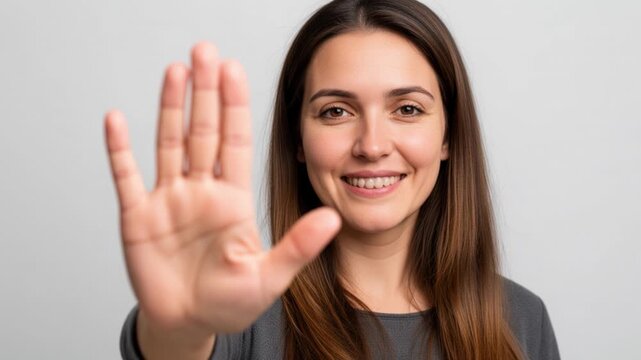 A woman standing with her hand open facing the camera to say no
