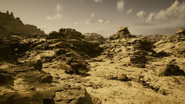 sunlit rocky canyon evokes mars analog training simulation with layered sandstone, scattered boulders, overcast sky and remote mapping atmosphere