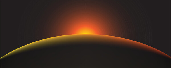 Abstract digital sunrise planet horizon background. Minimalist vector illustration of glowing sun burst or solar flare over dark curvature for space banner, sci-fi backdrop, or tech wallpaper. © Uddin