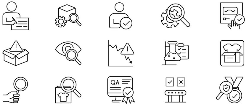 Quality Assurance and Control icon collections. Containing Inspection, Compliance, Testing, Audit and more icons. Editable Stroke icon collection Outline icon.