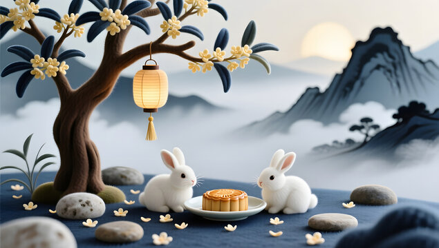 Mid Autumn Osmanthus Rabbits Commercial Illustration Background
