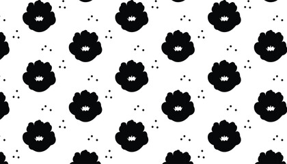 Black Floral Pattern, Seamless Flower Repeat Design. Peony Flower Vector Design. © Riva