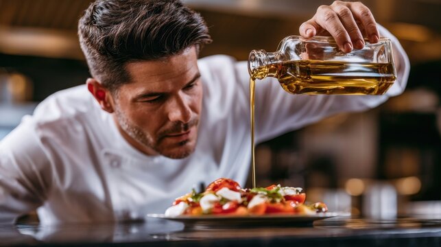 Focused male chef in white uniform carefully drizzling golden olive oil over fresh gourmet dish with tomato and mozzarella in professional kitchen setting