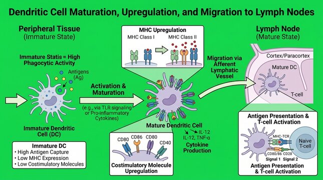 Dendritic Cell Maturation and MHC Upregulation Process in Lymph Nodes Diagram