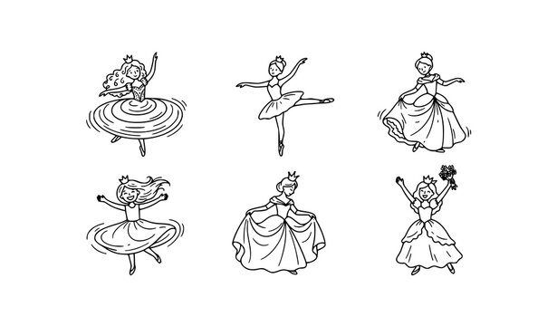 Princess Dancing Doodle Vector Icon Set Cute Hand Drawn Illustration