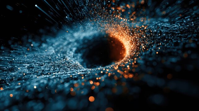 Swirling vortex of blue and orange light particles on black