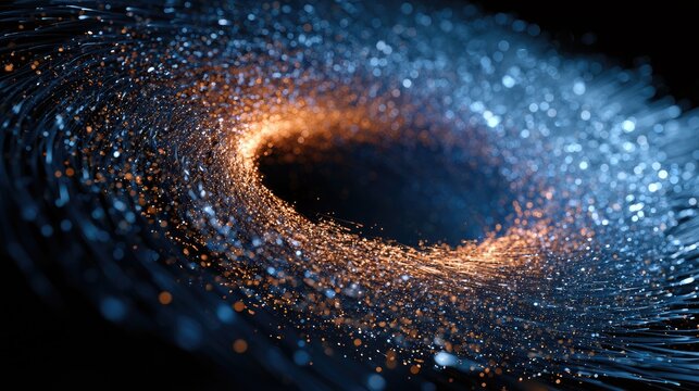 Swirling vortex of glowing particles with orange core against dark background
