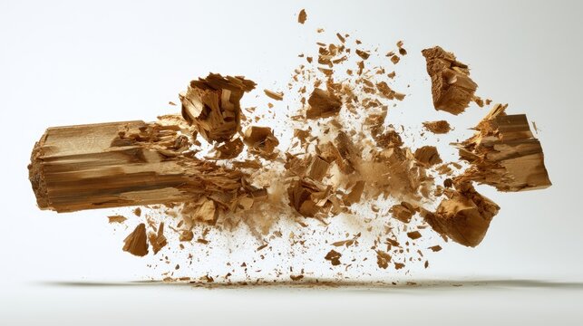 A wooden log explodes into countless fragments, suspended mid-air
