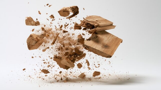 Natural wood pieces and fragments explode and scatter against a stark white background