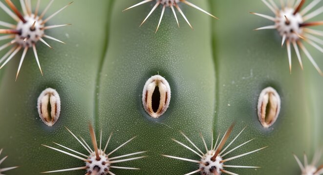 Close-up of green cactus with sharp spines and areoles in desert environment.