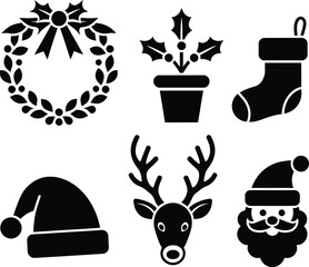 Christmas symbols collection with wreath reindeer and santa claus face. © Uhnus