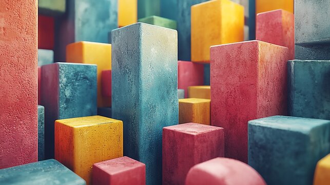 Colorful abstract blocks, textured surface, city background, data visualization