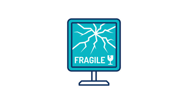 Damaged computer monitor with fragile warning symbol