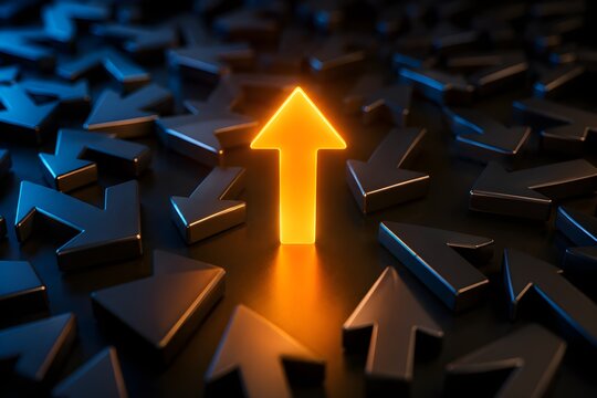 A glowing orange arrow standing out from a crowd of dark gray arrows representing unique leadership and success in a competitive business market