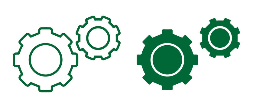 Green gear settings icon set isolated on transparent background with multiple cogwheel variations for system control