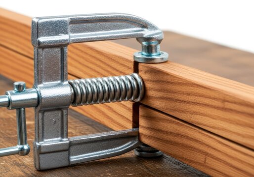 Industrial steel spring clamp tightly squeezes two natural wooden planks together on a textured workbench surface within a bright studio, compression, macro, carpentry