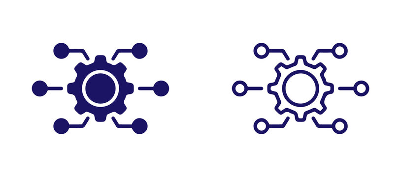 Gear network connection icon set with solid and outline style technology system settings symbol vector illustration png