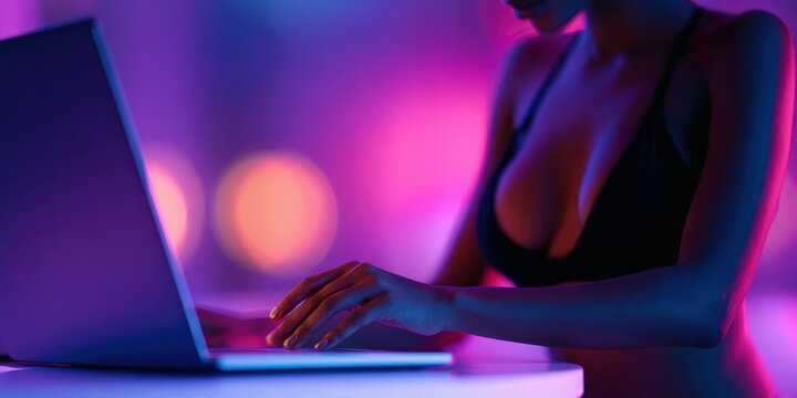 Webcam model posing online chat for subscribers only fans. Sexy girl Live Streaming from laptop in pink purple neon light room. Creation of private digital content theme. Woman web cam attracts client