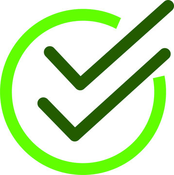 Green double check mark inside a circular outline icon. Minimal approval, verification and completed task symbol isolated on white background.