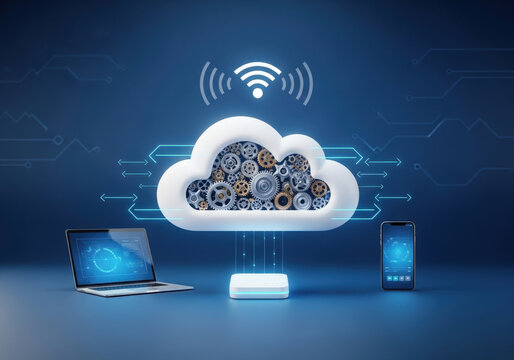 Cloud computing concept with laptop smartphone and wireless router connected to cloud icon filled with mechanical gears on blue background art.