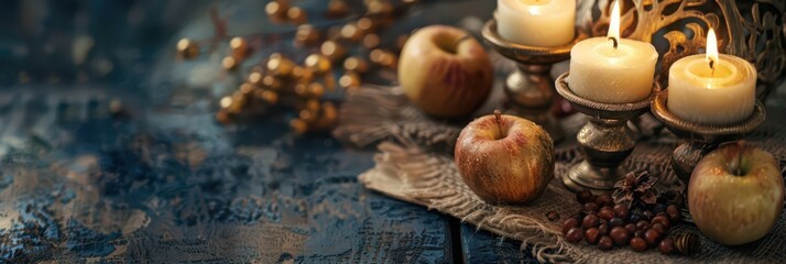 Fototapeta premium Apples and burning candles on fabric for yom kippur holiday table background and elegant seasonal banner design. Copy space